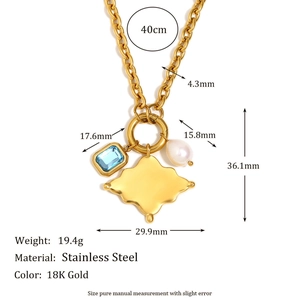 18K gold-plated stainless steel necklace with blue gem and pearl pendant set