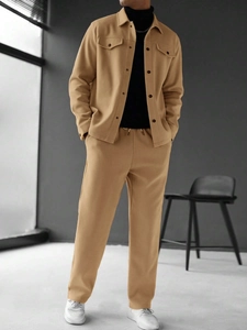 Detail of camel smart casual two-piece suit featuring shirt collar jacket and drawstring pants