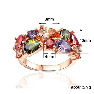 Rose gold ring with multi-color zircon stones in pear and round cuts, 8mm width