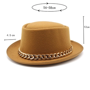 Detailed dimensions of camel wool hat with chain: height 12cm, brim 4.5cm, size 56-58cm