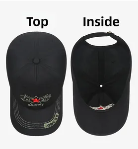 Detail view of cotton baseball cap with U.S. ARMY embroidery and interior crown structure