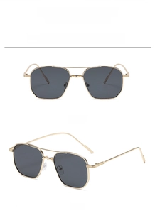 Dual-beam gold metal aviator sunglasses with black lenses shown in front and side views