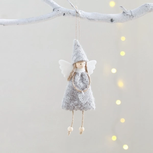 Nordic plush angel Christmas tree hanging ornament with gray pointed hat and heart