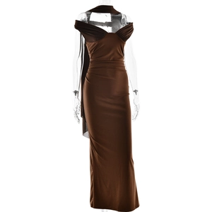 Detailed back view of a brown tube dress featuring elegant long ribbons and an open-back design