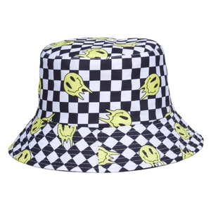 Checkered bucket hat with melting yellow smiles, reversible sun protection for outdoor use