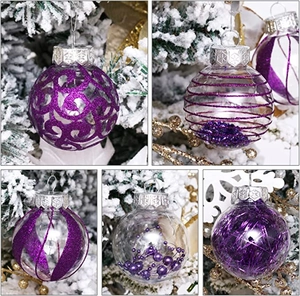 Detail of 6cm transparent purple Christmas balls with glitter swirls and bead fillings