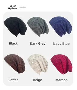 Close-up of knit beanie available in black, grey, navy, brown, beige, and burgundy