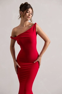 Detail view of the elegant red one-shoulder bodycon dress with sleek fabric texture