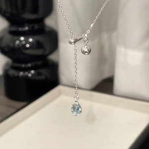 S925 Sterling silver lariat necklace with teardrop blue sapphire and sliding bead