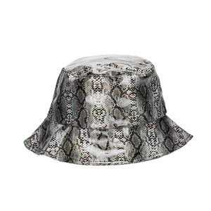 Bucket Hat Snakeskin Print PVC Leather Streetwear Fashionable Glossy Flat Top Wide Brim For Men Women