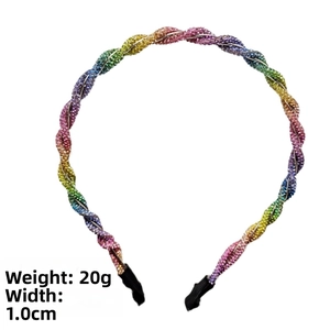 Detail of twisted rainbow rhinestone headband with gradient crystals and protective ends
