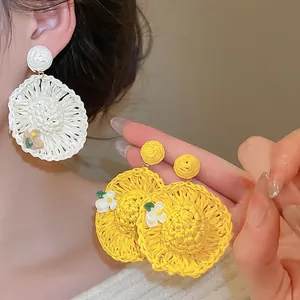 Raffia Straw Woven Sun Hat Dangle Earrings With Silver Earring Post Bohemian Flower Decor For Women