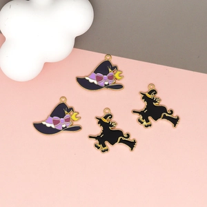 Halloween enamel charms set with purple witch hats and black witch on broomstick pendants