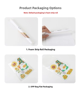 Detail showing sunflower gnome wall stickers in roll and OPP bag packaging options
