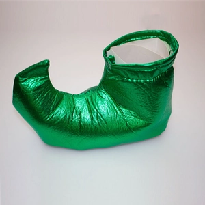 Green metallic elf party shoes with curled toe for festive Christmas cosplay costumes