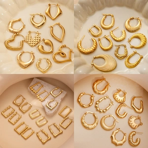 Gold Hoop Earrings Stainless Steel Vintage Textured Geometric Heart Star Design Fashion Accessories For Women