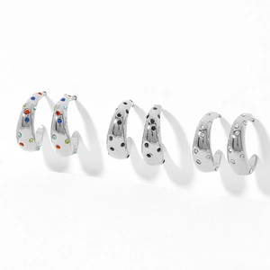 Three pairs of silver C-shaped stainless steel earrings with colorful zircon inlay