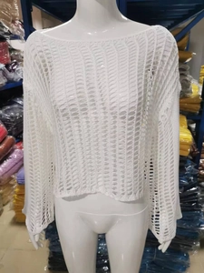 Detailed close-up of white crochet hollow-out knit texture on summer beach cover-up