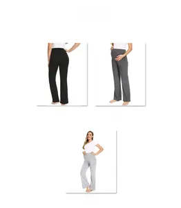 Close-up showing black, dark gray and light gray high-waisted maternity pants in detail