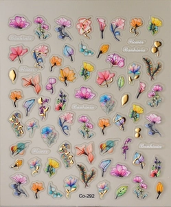 Dettaglio adesivi per unghie 5D con fiori ad acquerello colorati e accenti in lamina d'oro