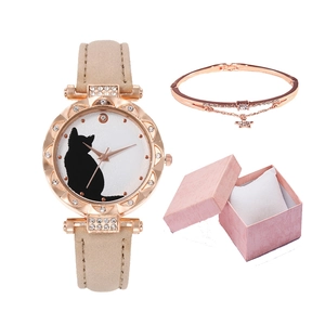 Cat silhouette watch and star pendant bracelet set in a pink textured jewelry gift box