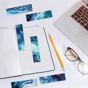 Set of 6 ocean marble bookmarks in blue artistic patterns for readers and stationery lovers