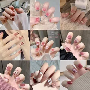 Various long press-on nails featuring gradient colors, floral art, and 3D bow accents