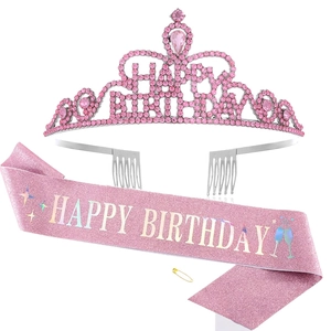 Pink rhinestone Happy Birthday crown and glitter sash set with metal pin detail