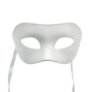 Minimalist white half-face masquerade mask for men with silk ties on a white background