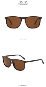 Detail of square polarized sunglasses with brown frames and red-green striped temples