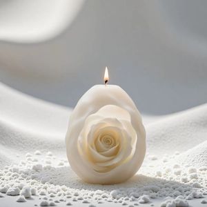 Vela encendida en forma de huevo con diseño de rosa tallada y textura blanca