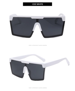 Detailed front and side view of white square sunglasses with flat top and dark lenses