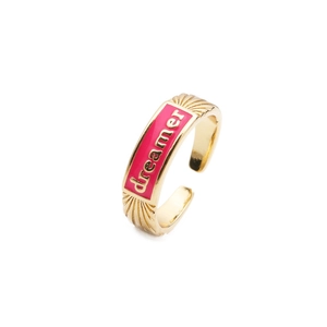 Adjustable 18K gold plated ring featuring pink enamel dreamer design for women