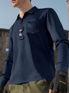 Detail of navy blue long sleeve polo shirt with breathable honeycomb mesh and tactical pocket