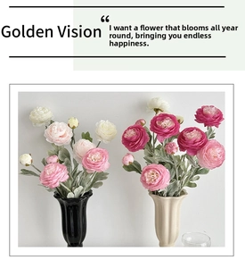 Close-up of pink and white flocked ranunculus flowers in decorative ceramic vases