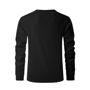 Back view of a black waffle texture knit long sleeve shirt with detailed sewing