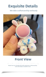Detail of cute astronaut rabbit keychain made of eco-friendly PVC material with drip glue