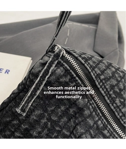 Detail of smooth silver zipper and quilted denim texture on a black shoulder bag