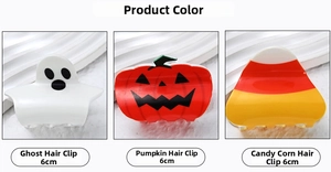 Close-up of Halloween hair clips featuring ghost and pumpkin designs in 6cm size