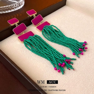 Bohemian Long Tassel Drop Earrings Magenta Enamel Geometric Alloy With Silver Earring Post Ethnic Fringe For Women