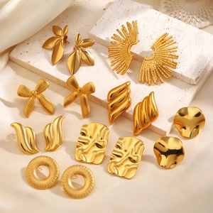 Boucles D'oreilles Géométriques Acier Inoxydable Plaque Or Texturées Irrégulières Feuille Nœud Papillon Bijoux Mode Pour Femmes