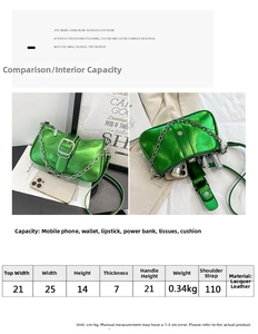 Tabella taglie e misure per borsa a tracolla in pelle verniciata verde e argento