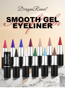 Detailed close-up of 12-color matte gel eyeliner pencils arranged on marble texture