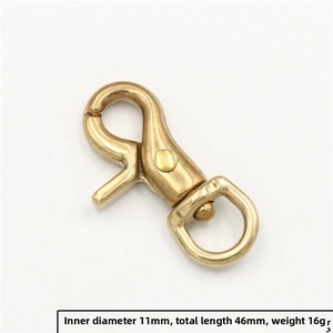 Macro detail of a 46mm brass swivel snap hook showing 11mm inner diameter and dimensions