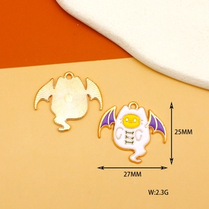 Detailed view of cat ghost charm with purple bat wings including size and weight specs