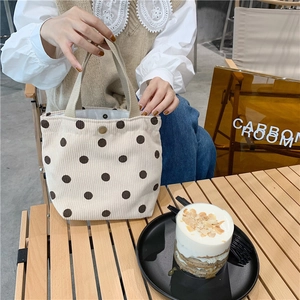 Corduroy Tote Bag Retro Handbag Small Lunch Bag For Women With Smile Face Checkerboard Polka Dot Floral Patterns Snap Button