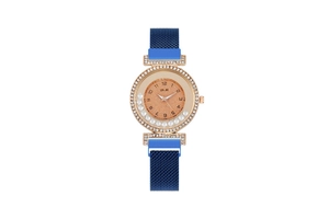 Detailed view of women's rose gold watch with crystal bezel and blue milanese band
