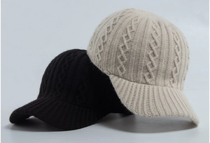 Detail of cable knit texture on black and beige winter baseball caps with thick stitching