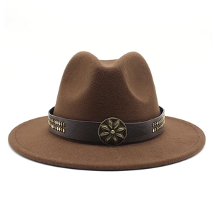 Fedora Hat Vintage Wide Brim Wool Felt Jazz Cap With Leather Band Metal Flower Buckle Rivets Western Cowboy For Men Women