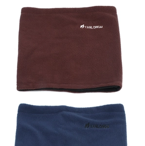 Detail view of thick fleece neck warmers in maroon and navy blue with embroidery